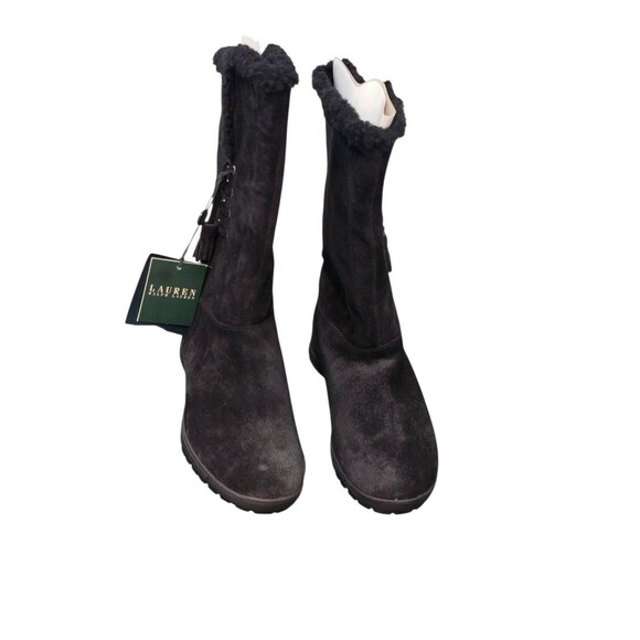 Ralph Lauren Tadina Mid-Calf Winter Boots Womens 8.5B Black Nubuck Lamb Fur Trim - Picture 16 of 16